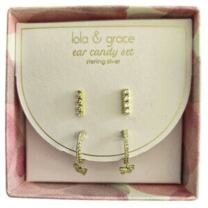 Lola & Grace Sterling Silver Butterfly Charm Hoop & Crystal Bar Stud Earrings NI